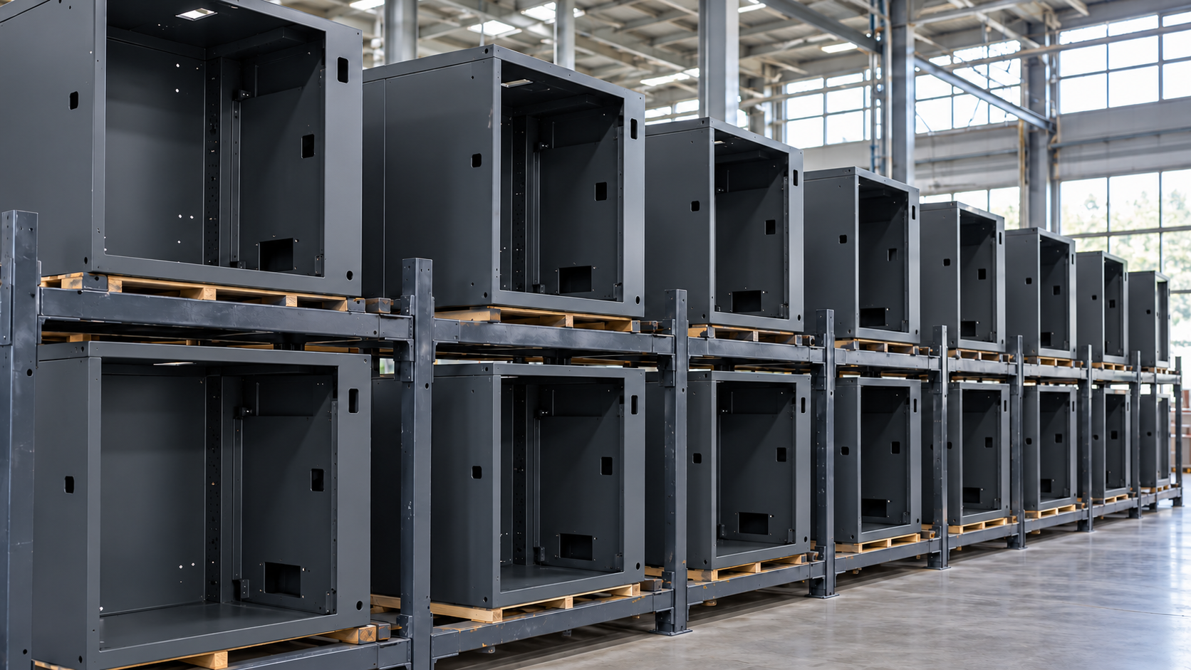 Illustration of commercial steel enclosures with uniform graphite powder-coated finishes