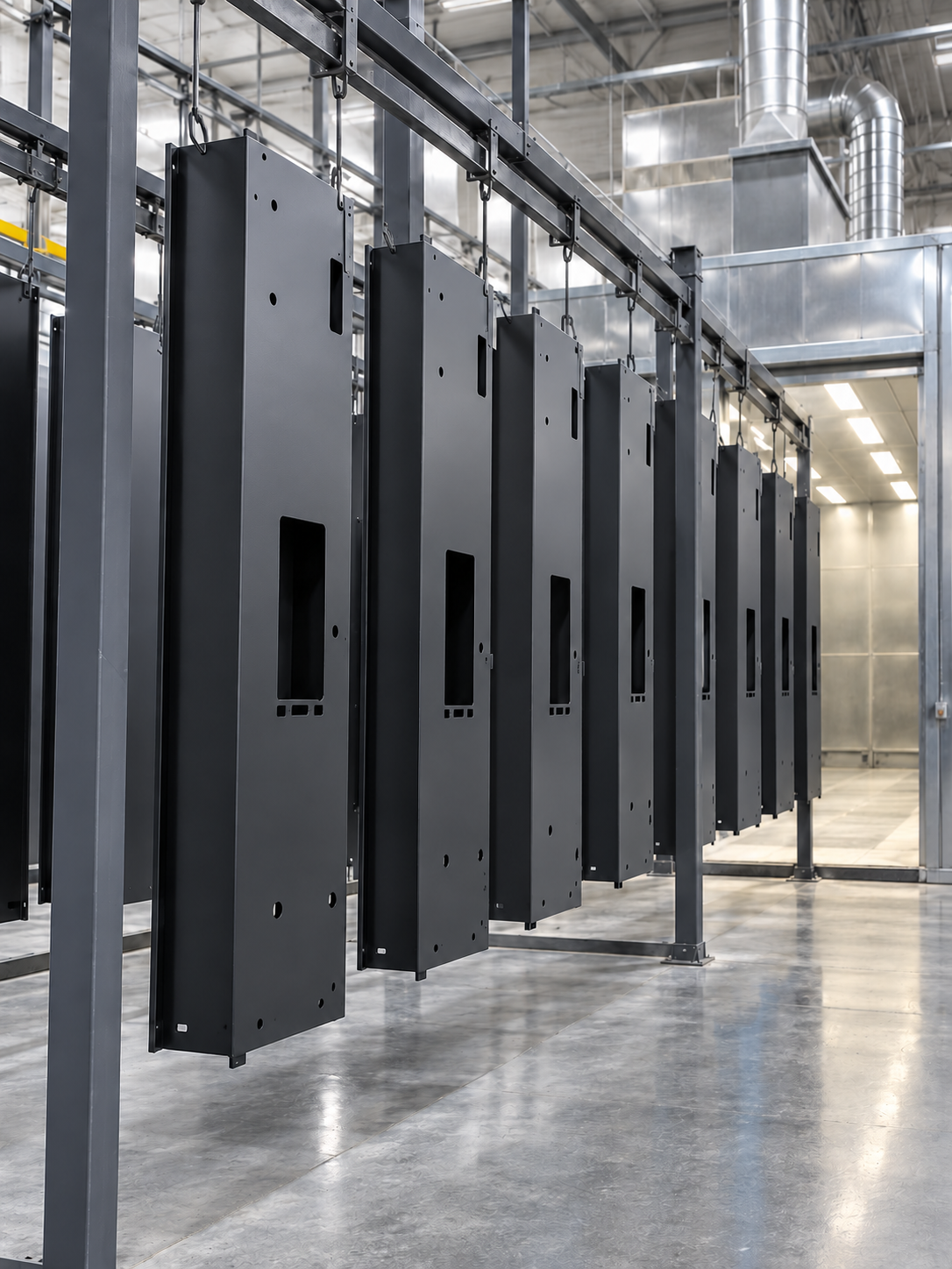 Illustration of large powder-coated steel panels on an industrial production rack