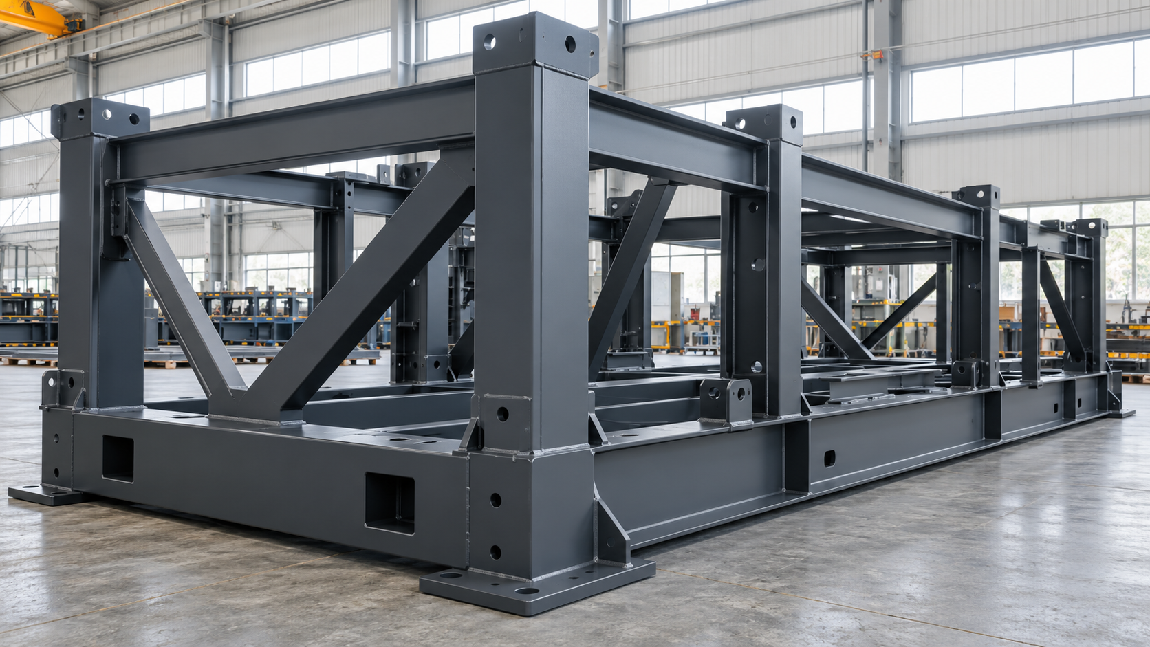 Illustration of a large graphite-finished structural steel equipment frame