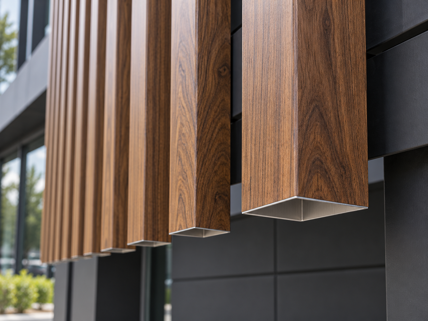 Architectural concept showing walnut-grain finishes on hollow aluminum slats