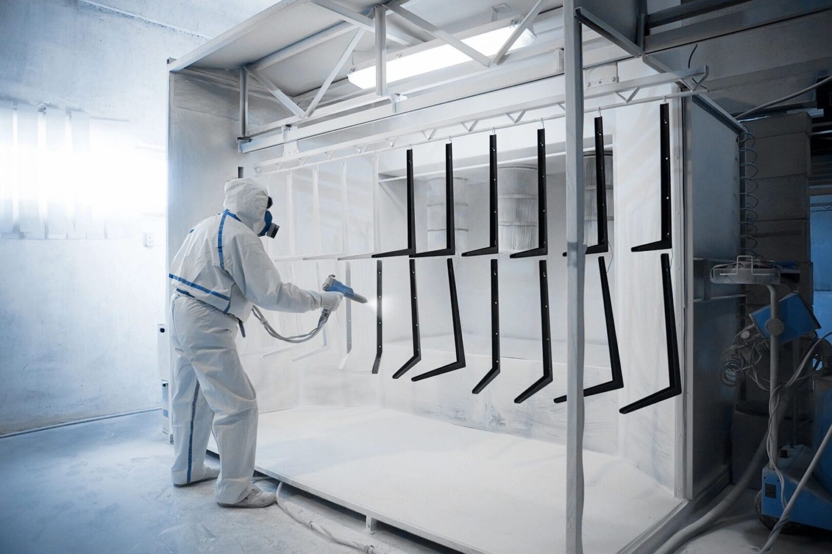 Powder coating being applied to metal frames